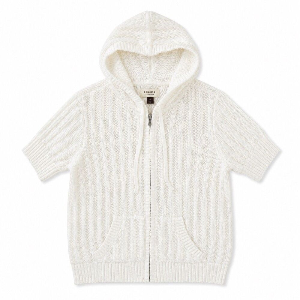 Sonoma White Cotton Hooded Zip Sweater Short Sleeve Knit M - Picture 2 of 7
